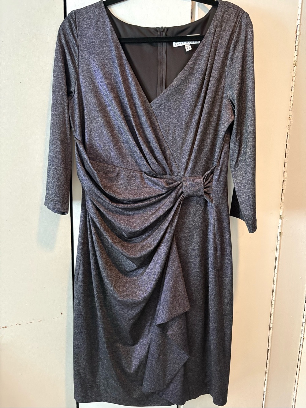 David Meister Metallic Blue Draped Wrap-Front Midi Dress